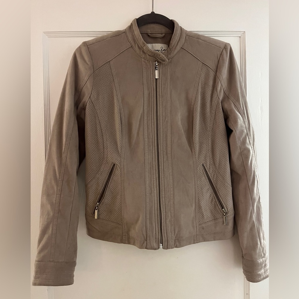 Moto jacket suede like material.  Zipper and snap at collar